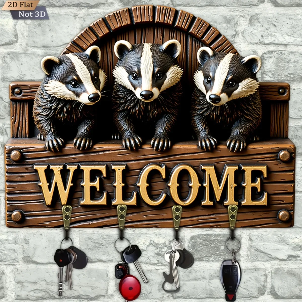 2D Flat, 1pc, Three Badger Shape Welcome Key Hook Wooden Multifunctional Home Key Hanger with Four Metal Hooks, Wall Decor,