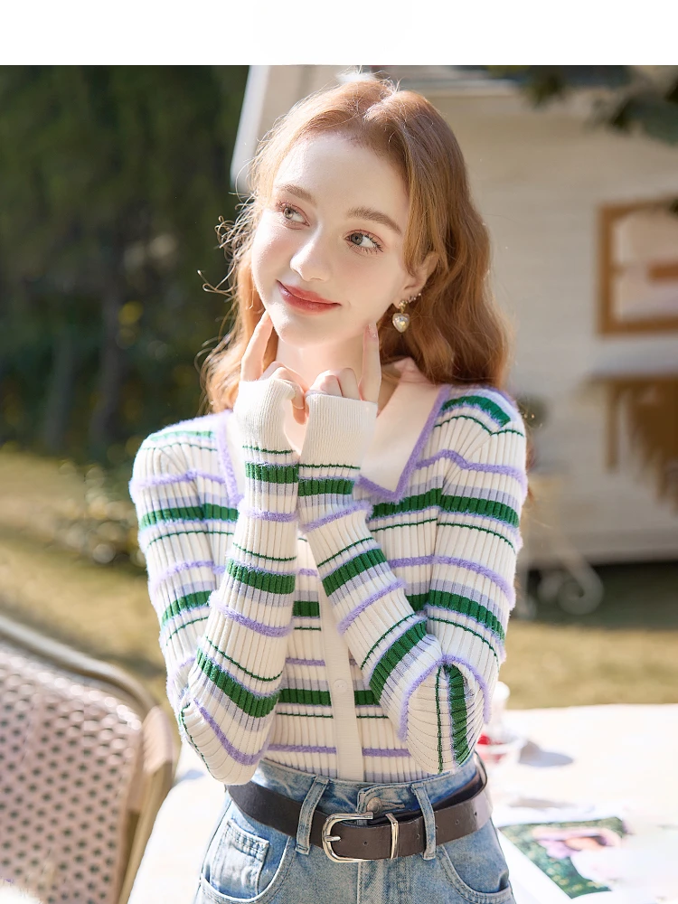 

Top Short Sweater Bottoming Shirt Women's Mixed Color Stripe Short Sweater Spring and Autumn Sweet Slim Fit Fashion All-Matching