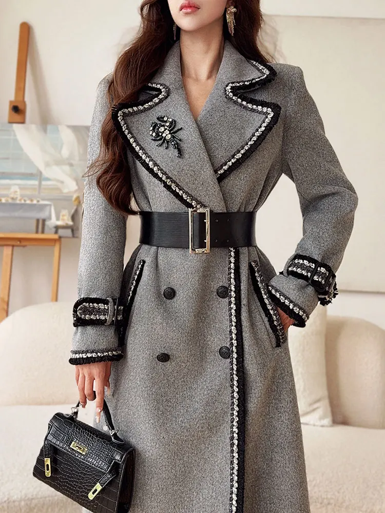 Dabuwawa Notched Double Sided Woolen Long Coat Women New Arrival Epaulet Double Breasted Jacket Elegant Outwear Y2K DA1DCO002