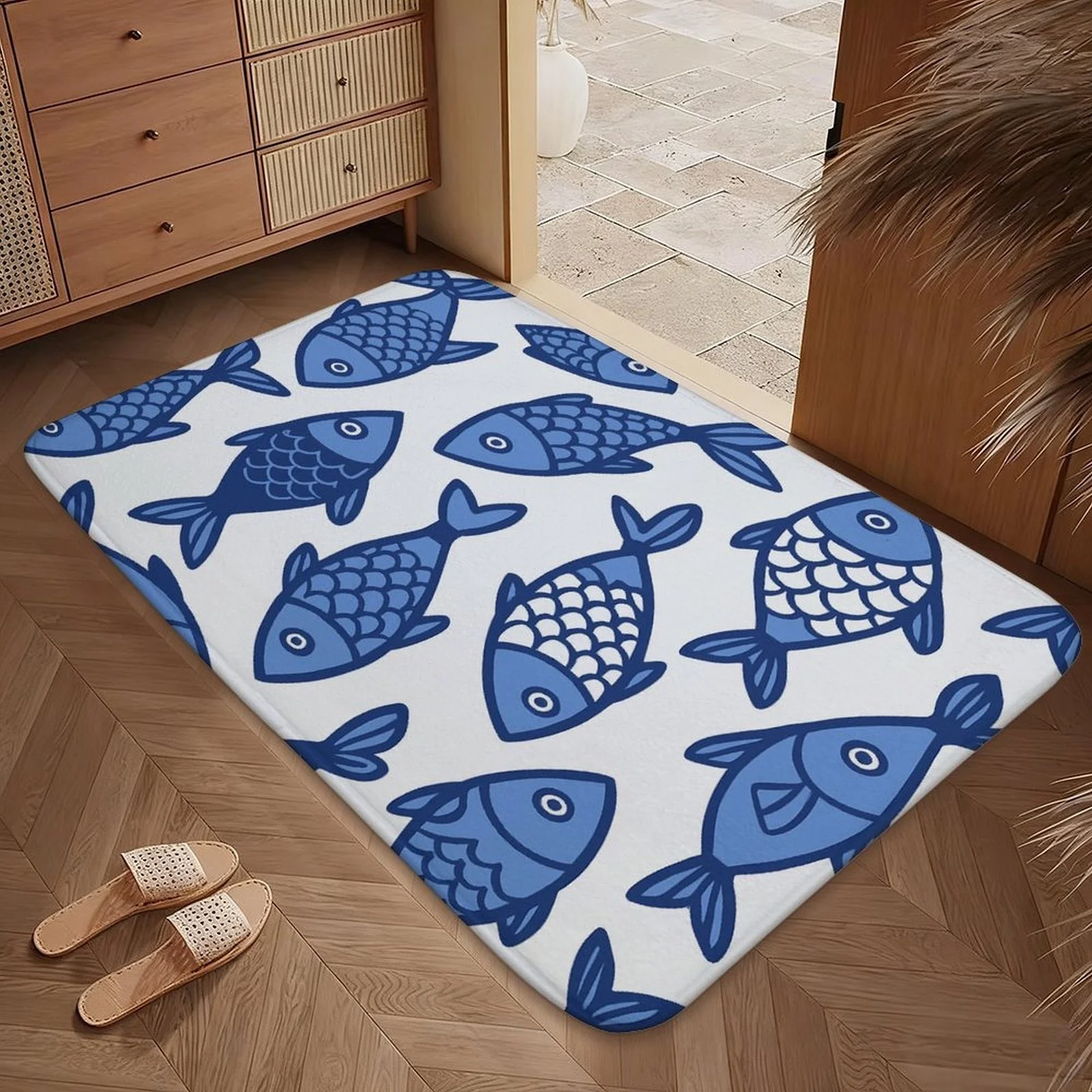 Blue Fish Illustration Doormat – Minimalist Cartoon Fish Pattern on White, 40x60cm Decorative Entry Floor Mat