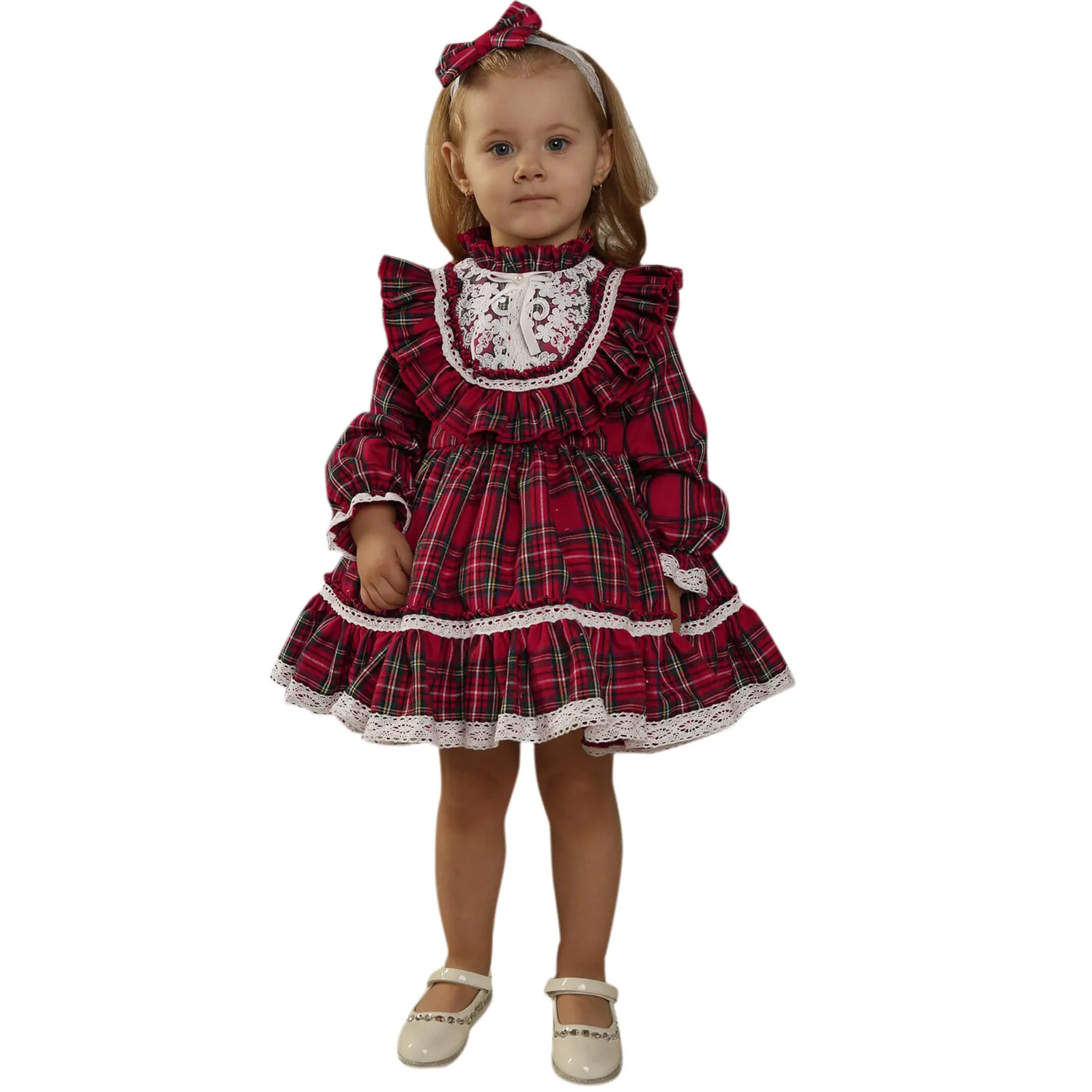 Toddler Girls Xmas Party Dress Kids Christmas Long Sleeve Lace Plaid Prints Princess Dress Ruffles Dress Formal Pageant Clothes