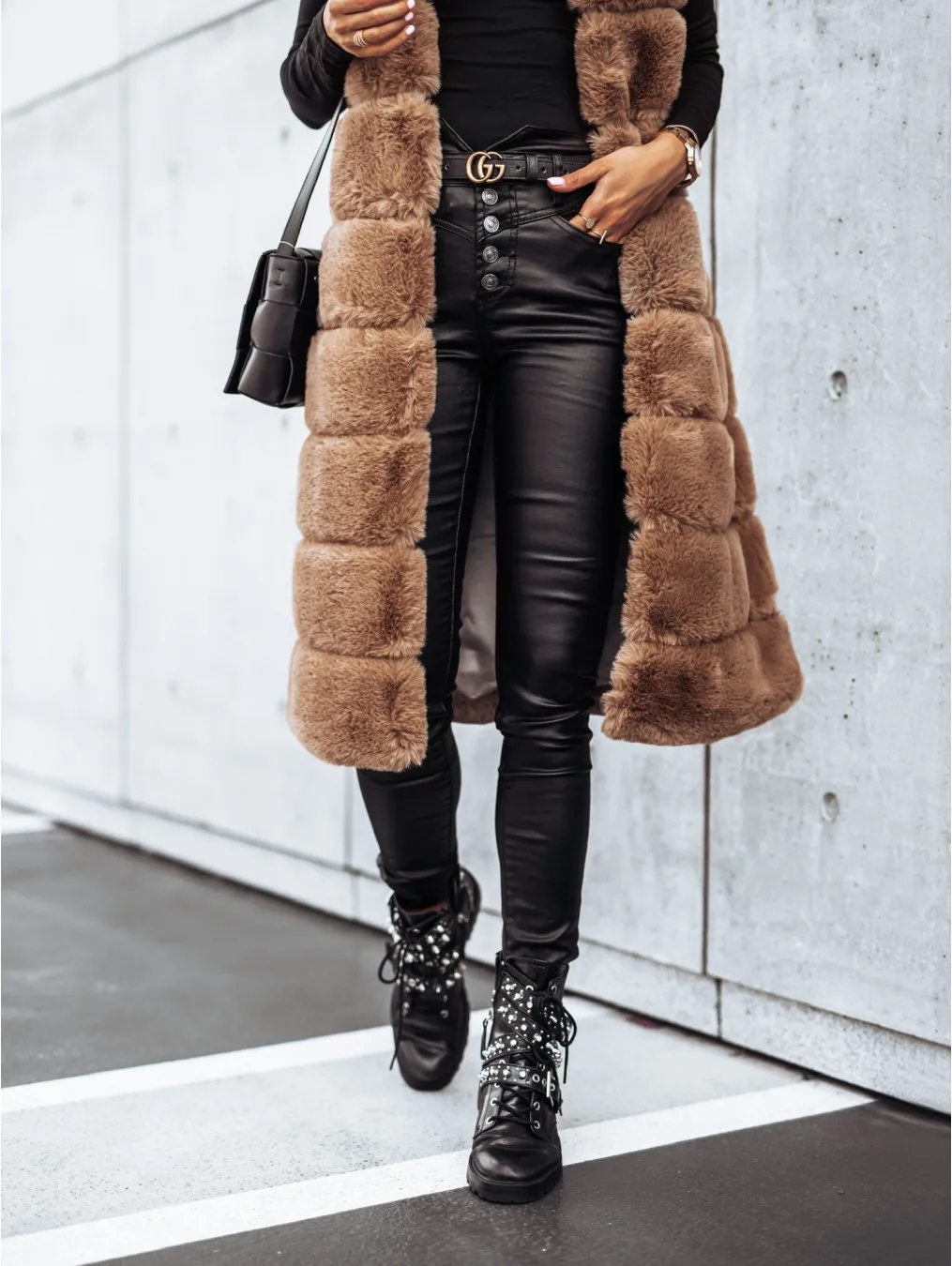 Women Long Faux Fur Autumn Winter Long Round Neck Fur Vests Coat Overcoat Sleeveless High Waist Solid Color