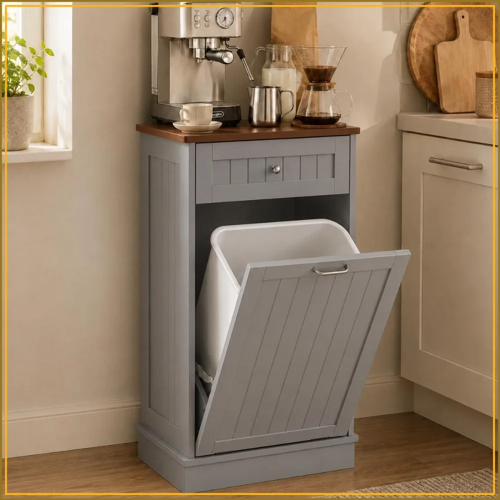 Tilt Out Trash Can Cabinet Wood Gray, Pull Out Garbage Can Hidden Storage for Kitchen