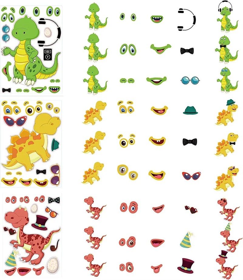 6-24sheets Make A Dinosaur Stickers for Kids DIY Animal Face Jigsaw Puzzle Stickers Fun Craft Children Early Education Learn Toy