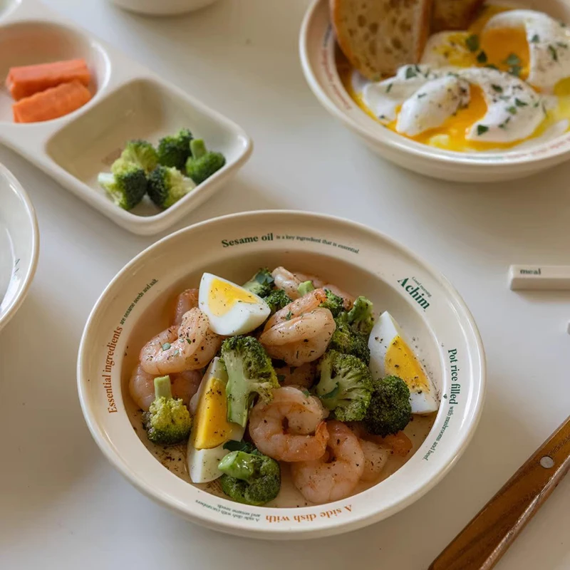 Ceramic Plate Set Oval Plates Korean Simple Letter Printing Breakfast Fat-reducing Meal Dishes Three-plate Kitchen Tableware Set