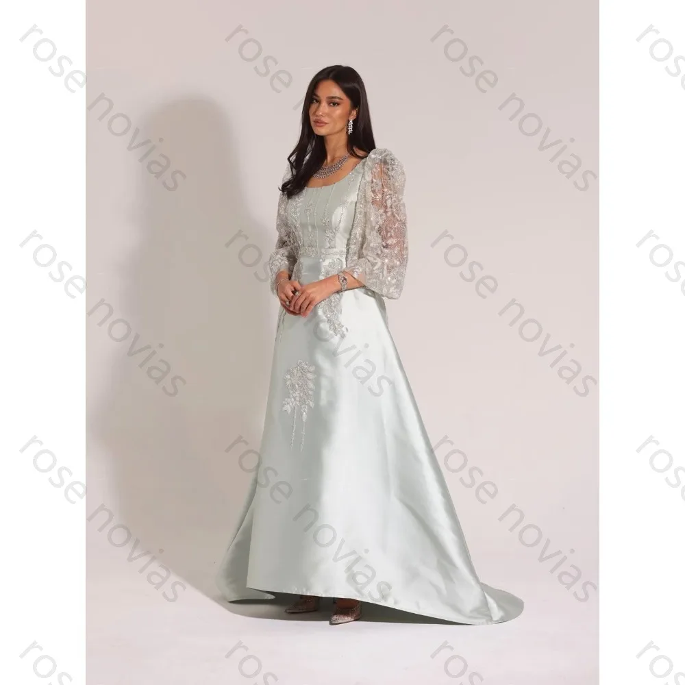 

Mint Green Square Neck Long Puff Sheer Lace Sleeve Satin Floral Beaded Embroidery High Waist A-Line Maxi Formal Evening Wedding