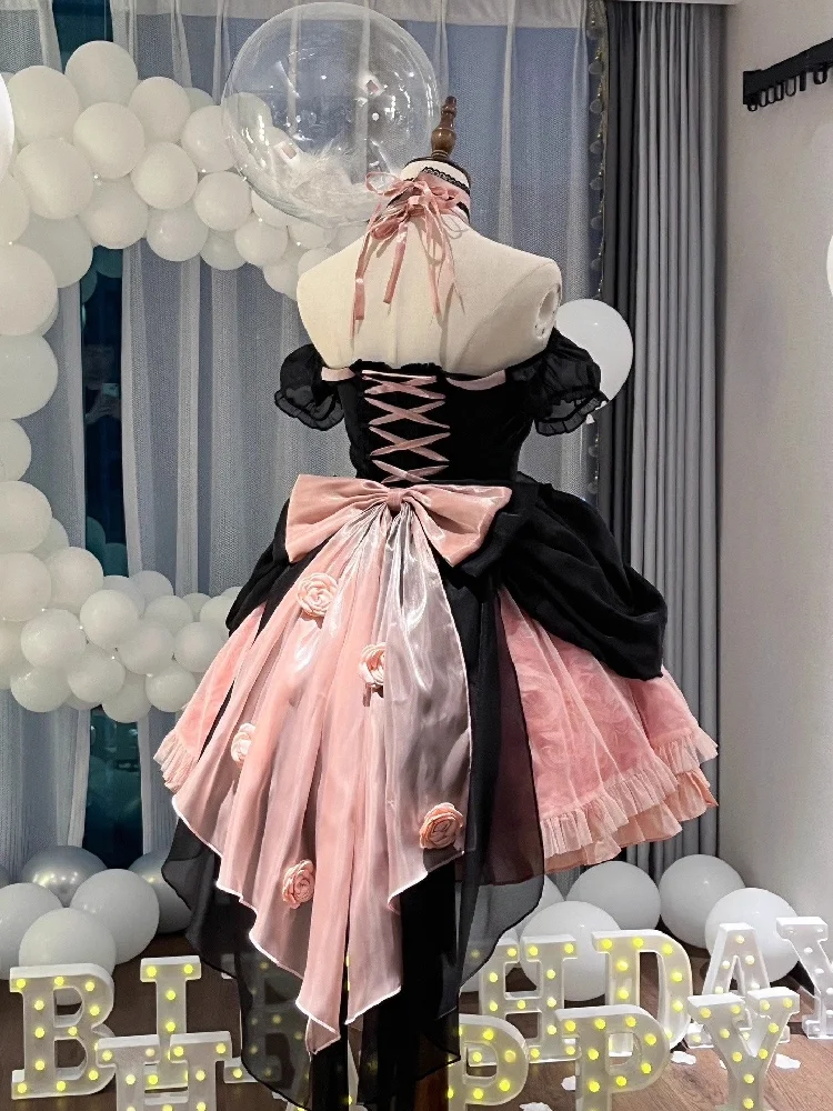 Black Pink Rose Lolita Dress Cos Goddess Flower Wedding Elegant Lolita Fishbone Princess Dress Daily Sweet Loli