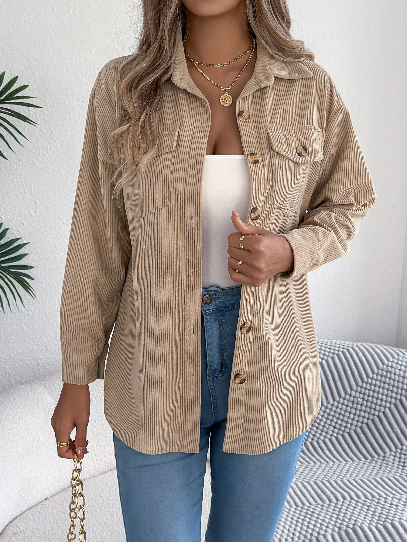

Autumn and Winter Casual Single Breasted Pocket Solid Color Long Sleeved Corduroy Jacket Women Coats