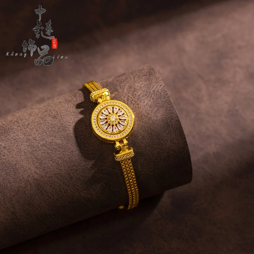 9999 gold rhinestone-encrusted rotating rose window compass bracelet - New Chinese-style rotating sun flower compass bracelet