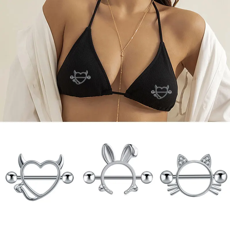 1PC Heart Cat Nipple Piercing for Women Stainless Steel Crystal Nipple Ring Nail Barbell Breast Piercing Chest Decor Jewelry