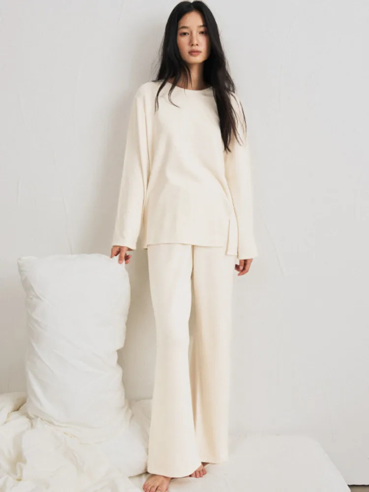 Autumn Winter Women Double-sided Brushed Pajamas T Shirt Pant Two Piece Set for home