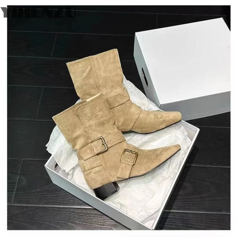 new fashion design khaki suede leather buckle strap pointed toe boss boots punk style goth square heel women shoes