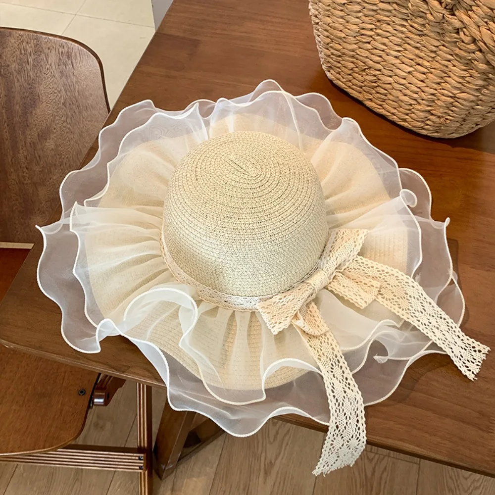 

Fashion Spring Summer Women's Straw Hat Beach Lace Big Brim Sun Hat Travel Bow Sun Protection Cap Girls