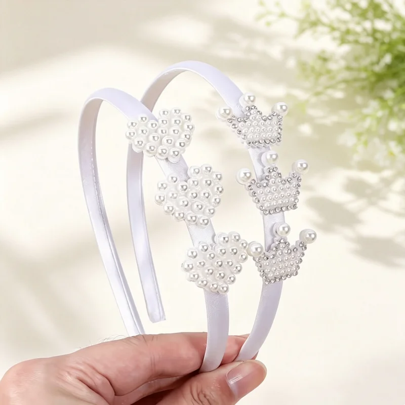 2 pieces, pearl rhinestone crown and heart-shaped style headband, birthday party hair accessories for daily wear.