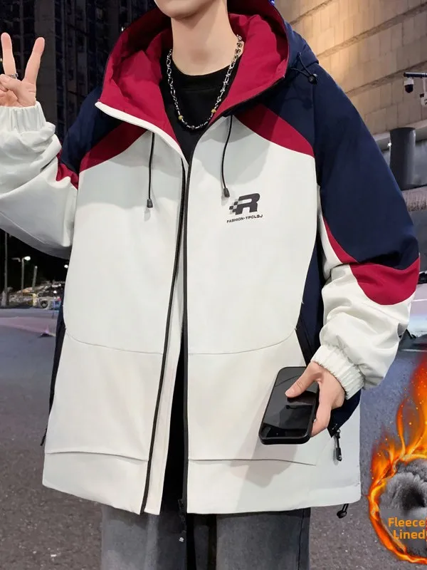 

Thiened Hooded Cotton Jaet for Men Youth Faion Anti-Cold Warmth Splicing New 2026 Model Ultra Beautiful Casual Outerwear