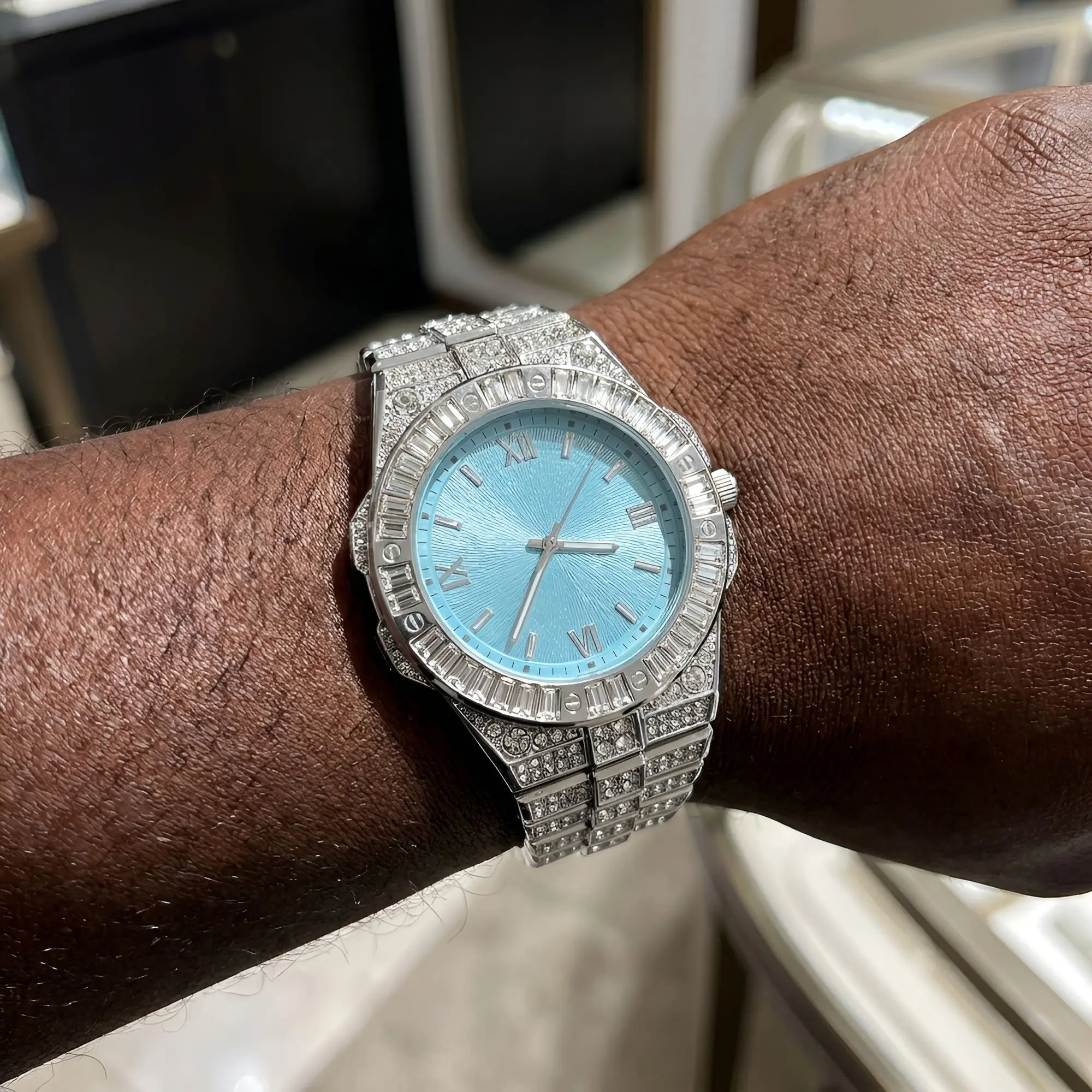 TBTK Women's Bling Crystal Watch Iced Out Silver Tone Wristwatch Pink Light Blue Dial Luxury Quartz Watch For Party Gift