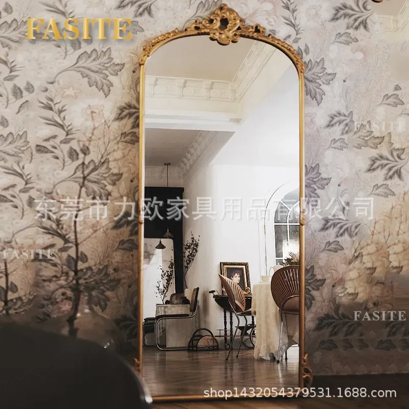 For European Retro Carved Floor to Ceiling Full Body Mirror Gold Large Dressing Mirror for Clothing Store Model Room