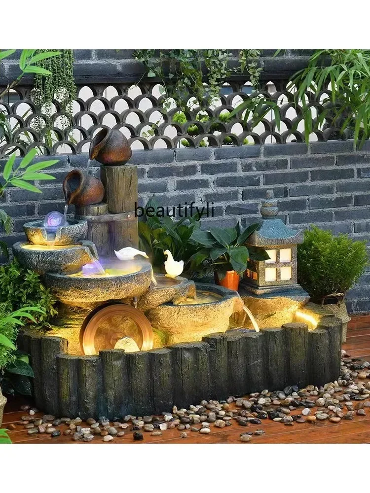 Courtyard Balcony Water Fountain Floor Ornaments Rockery Pastoral Fish Pond Clay Pot Water Wheel Circulation decoration