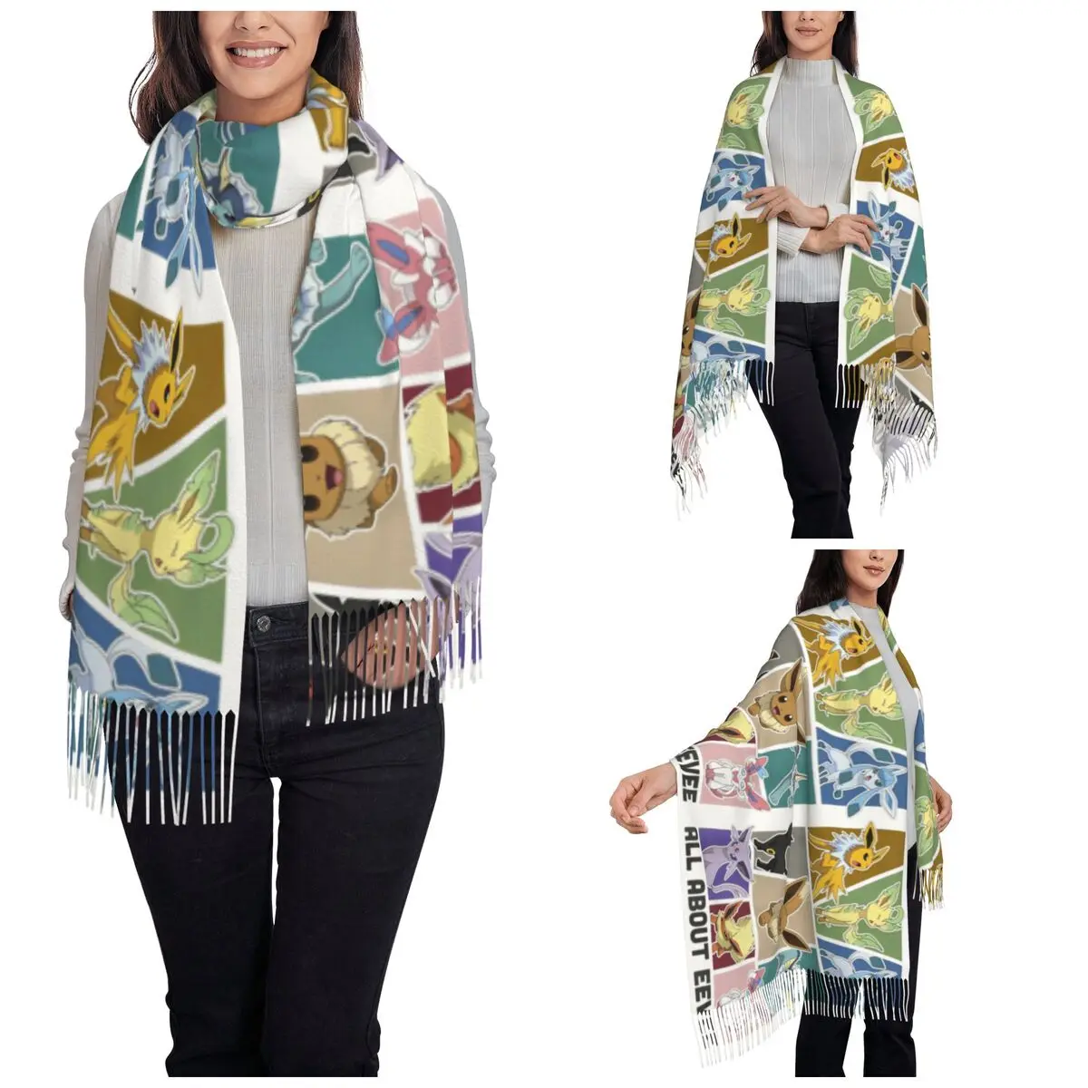 Pokemon Eevee Evolution Shawl Wrap for Womens Winter Large Long Scarf Jolteon Flareon Umbreon Sylveon Pashmina Shawl Scarves