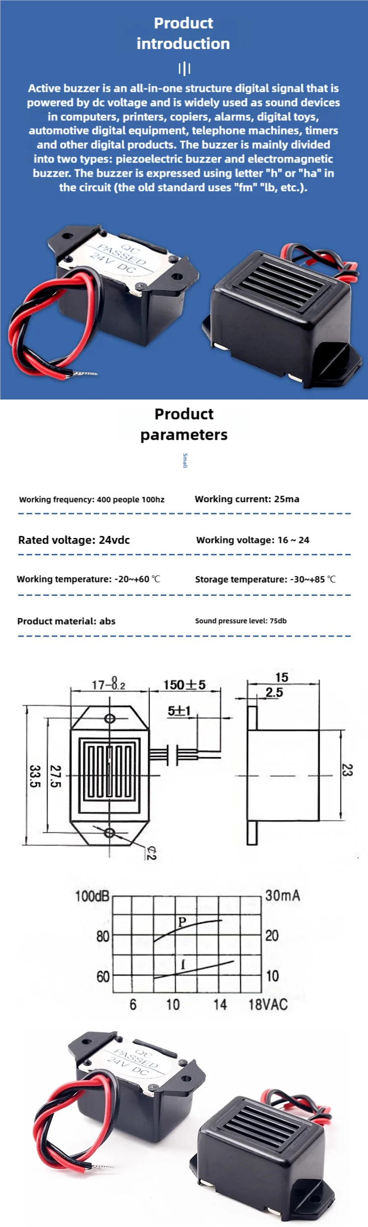 1 Stück Aktiver Buzzer-Alarm 2315 DC 3V 6V 9V 12V 24V 90dB Mini Elektronischer Alarmtongeber mit 10cm Kabel – Detail 1