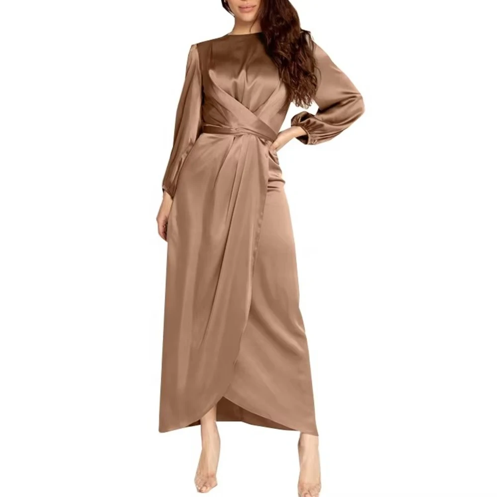 

Elegant Long Sleeved Satin Prom Dresses Fashion Lace-up Dress Exquisite High Quality Evening Party Gowns for Women Customized