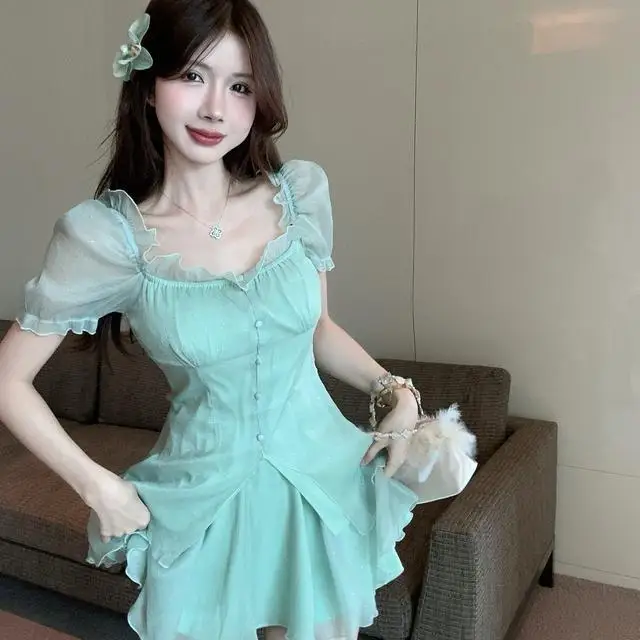 

Petite Sweet Set 2025 Summer Square Neck Short Sleeve Ruffle Blouse Waist Tucking Pleated Mini Skirt Suit Fashion Female Clothes