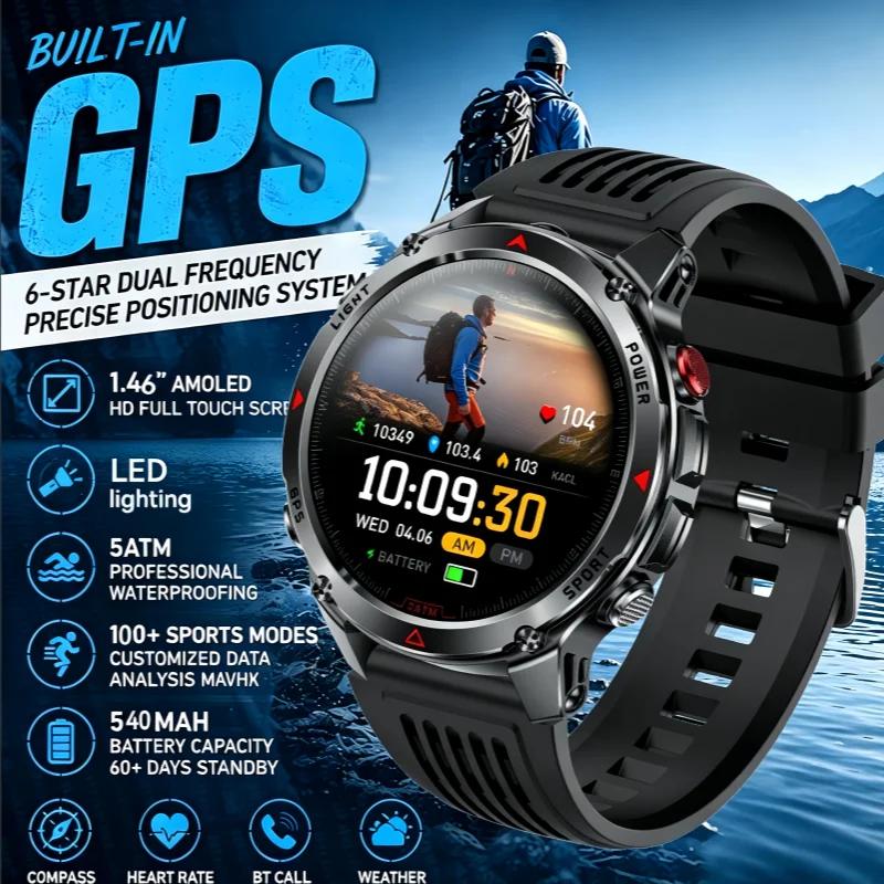 

2026 New Military Smart Watch for Men 1.46" AMOLED Display Built-in GPS Compass Altimeter 5ATM Waterproof with BT Call Function