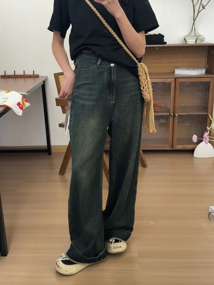 

Модные женские джинсы с высокой талией, широкими штанинами и двойной отделкой, универсальные повседневные длинные брюки