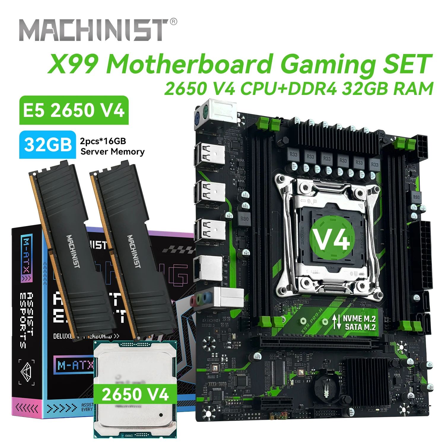 

MACHINIST X99 PR9-H Игровая материнская плата Intel Xeon E5 2650 V4 DDR4 32 ГБ 2133 МГц Двухканальная ECC RAM M.2 NVME для настольных ПК