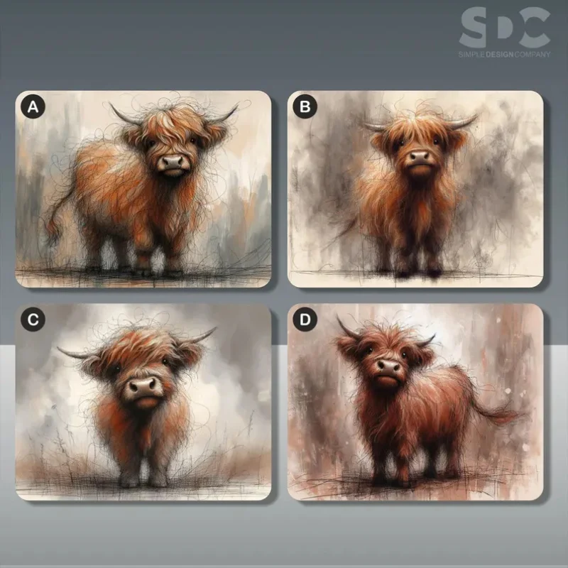 VIKAMA Highland Cow Sketch Cork Backed Placemat Glossy Finish Unique Friendship Gift Home Decor Table Mat