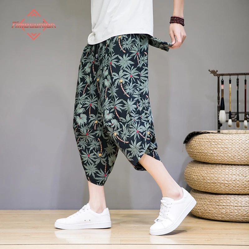 New 2024 Summer Calf-length Pants Breathable and Comfortable Loose Cool Ice Silk Casual Pants Beach Resort Printed Shorts