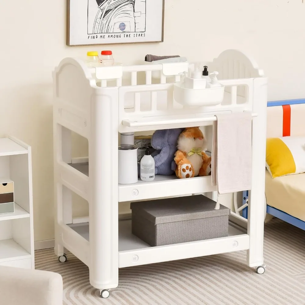 Costzon-Table d'appoint pour bébé, station de remplacement pour couche-culotte pour bébé avec matelas et oreiller en latex, étagères et boîtes de rangement, mobile