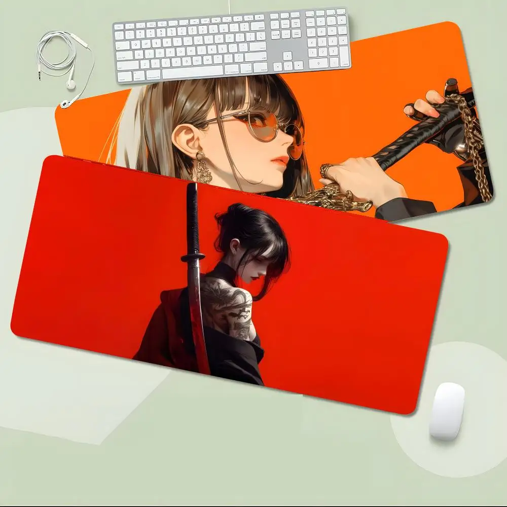 Fantasy Art Female Swordsman Mouse Pad Non-Slip Large Desk Mat Thick Stitched Edge Gaming Mousepad