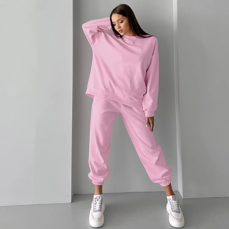 

Весенний розовый повседневный комплект из двух предметов, женский свободный свитшот с длинными рукавами и круглым вырезом + эластичные брюки для бега с высокой талией, осенний женский наряд
