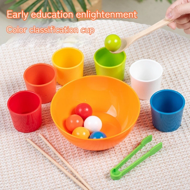 Bola y taza Montessori para niños, rompecabezas de juguete, clasificación cognitiva de Color, herramienta de enseñanza de iluminación para bebés, cuentas con Clip