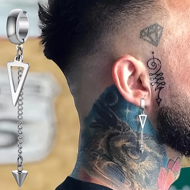 1pc Triangular Conical Chain Long Earrings For Men Women Without Ear Piercing Geometric Stainless Steel Ear Clip