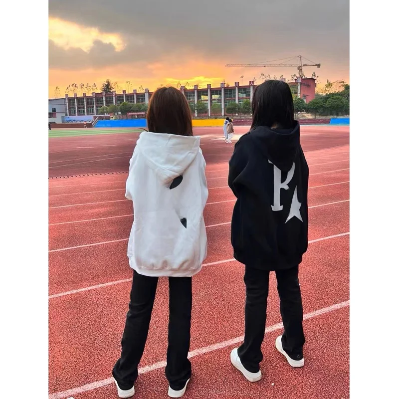 

Уличная толстовка оверсайз с капюшоном для женщин, осенне-зимняя, свободного кроя, с принтом звезд, для пар, повседневная верхняя одежда