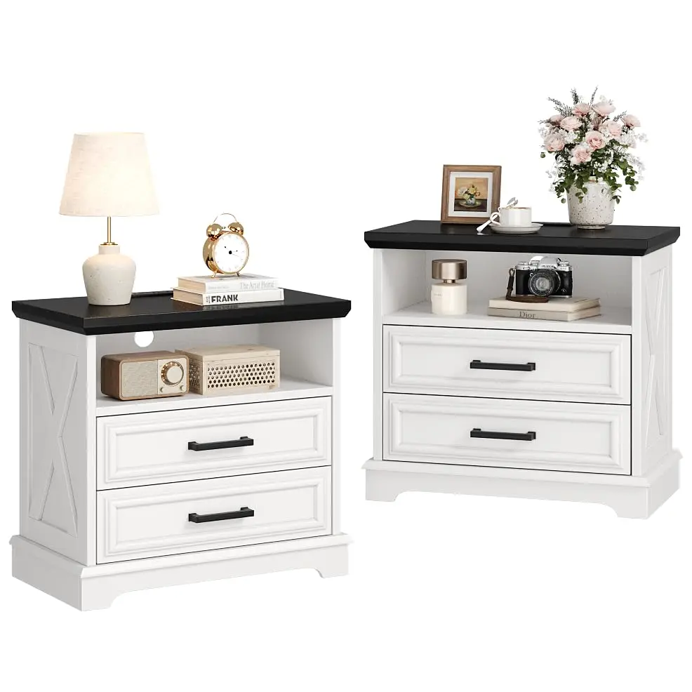 24 Inch Farmhouse Nightstand with Charging Station, 2 Drawer White Wood End Table for Bedroom, Customized