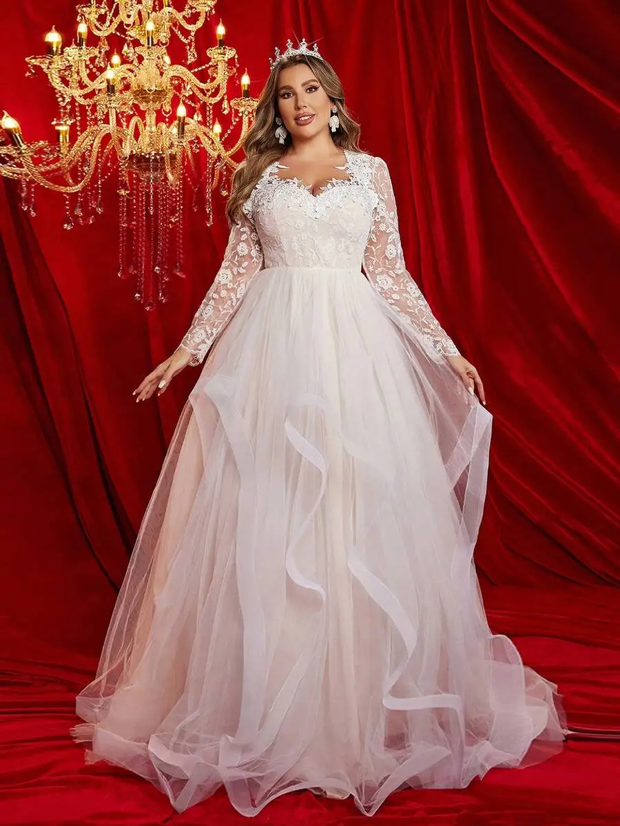 

Свадебное платье больших размеров с длинными рукавами, кружевной вышивкой и тюлевой юбкой-баллон