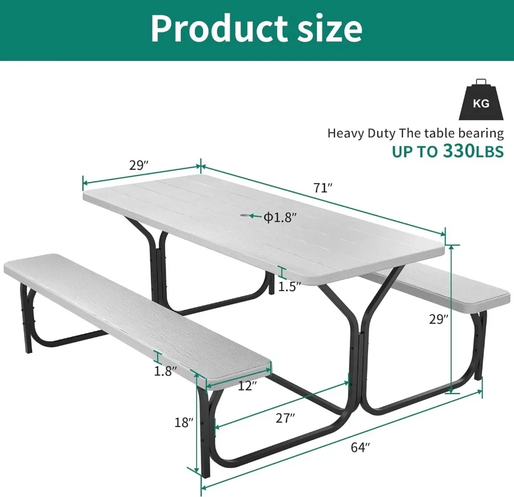 Picnic Table 6ft Heavy Duty Outdoor Picnic Table and Bench Resin Tabletop & Stable Steel Frame w/Umbrella Hole for Yard Patio