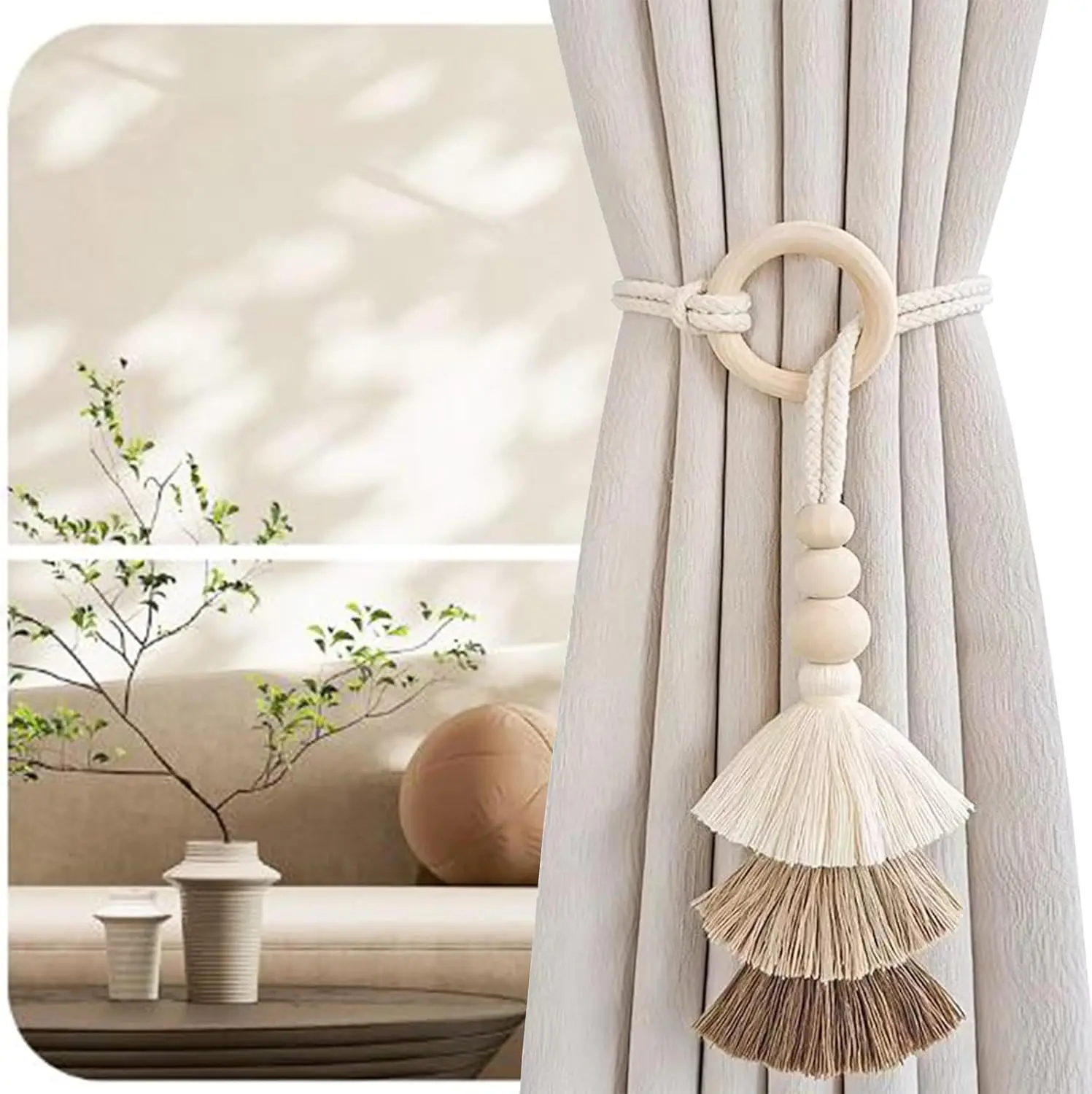 

2pcs Tassel Curtain Tie Backs Wooden Bead Curtain Tiebacks,Bohemian Curtain Clasp, Curtain Tiebacks No Hole Punching Decorative
