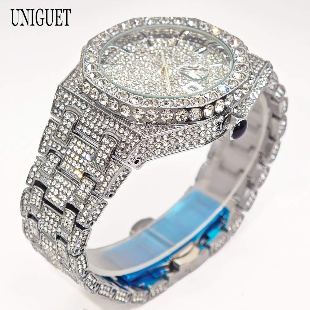 Reloj de lujo a la moda con diamantes helados para hombre, marca superior UNIGUET Hip Hop Bling, reloj de fecha resistente al agua para accesorios elegantes, nuevo de 2025