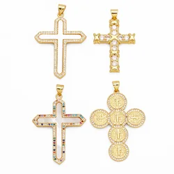 OCESRIO White Crystal Big Cross Pendant for Necklaces Copper Gold Plated Shell Crucifix Jewelry Making Component pdtb481