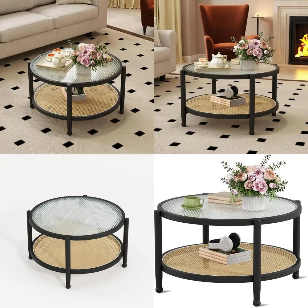 32 طاولة قهوة ريفية بوهو راتان مع سطح من الزجاج المقسى، لهجة تخزين من الخشب الصلب لغرفة المعيشة