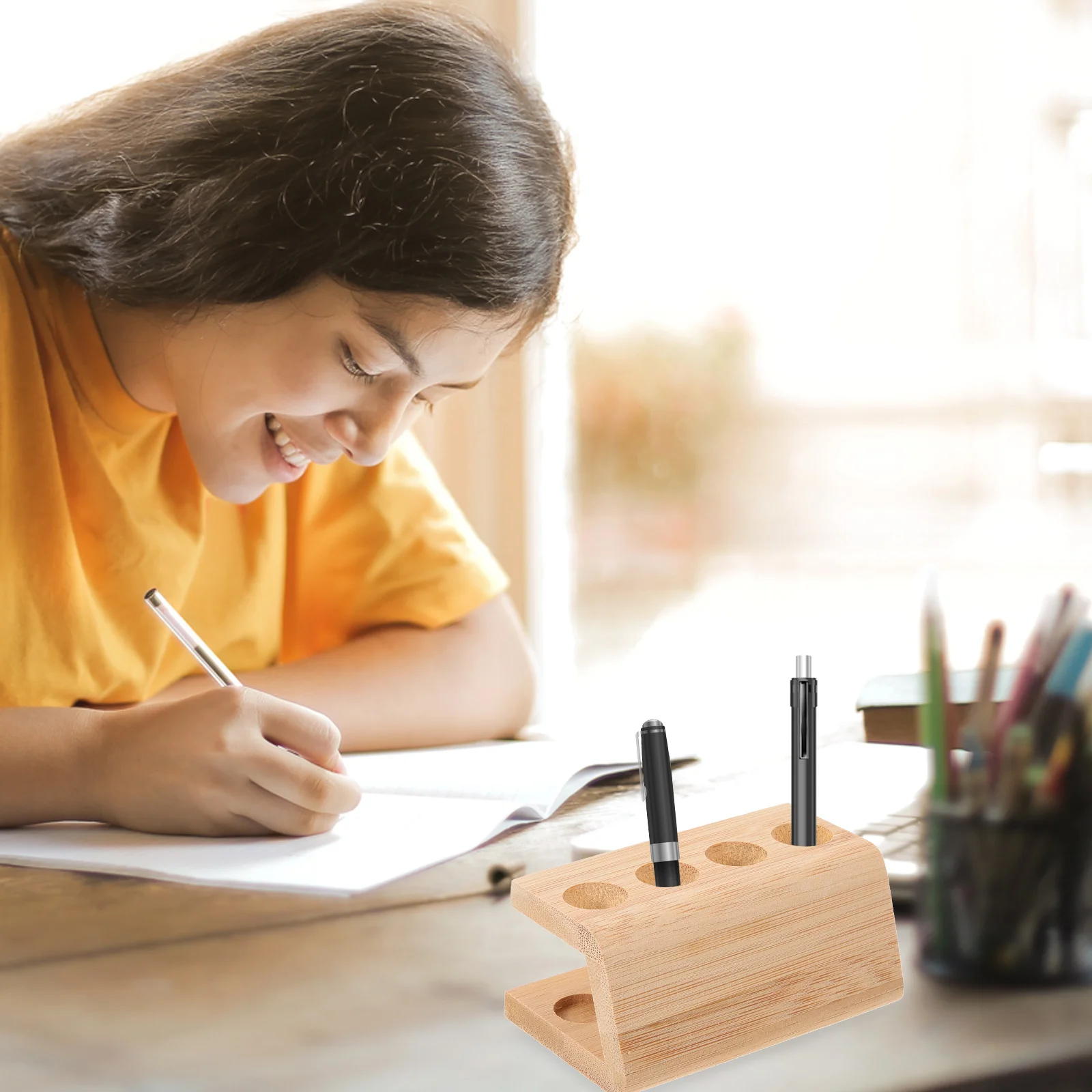 

Bamboo 4-Hole Toothbrush Storage Stand Multipurpose Holder for Countertop Pen Makeup Brush Organizer Bathroom Desktop