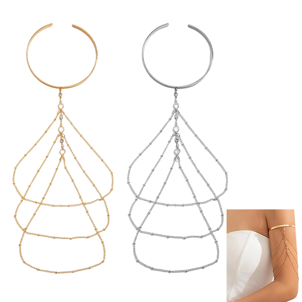 2Pcs Silver Gold Tassel Cuff Bracelet Upper Arm Layered Cuff Bangle Bracelets Glitter Boho Open Coil Shining Summer Metal