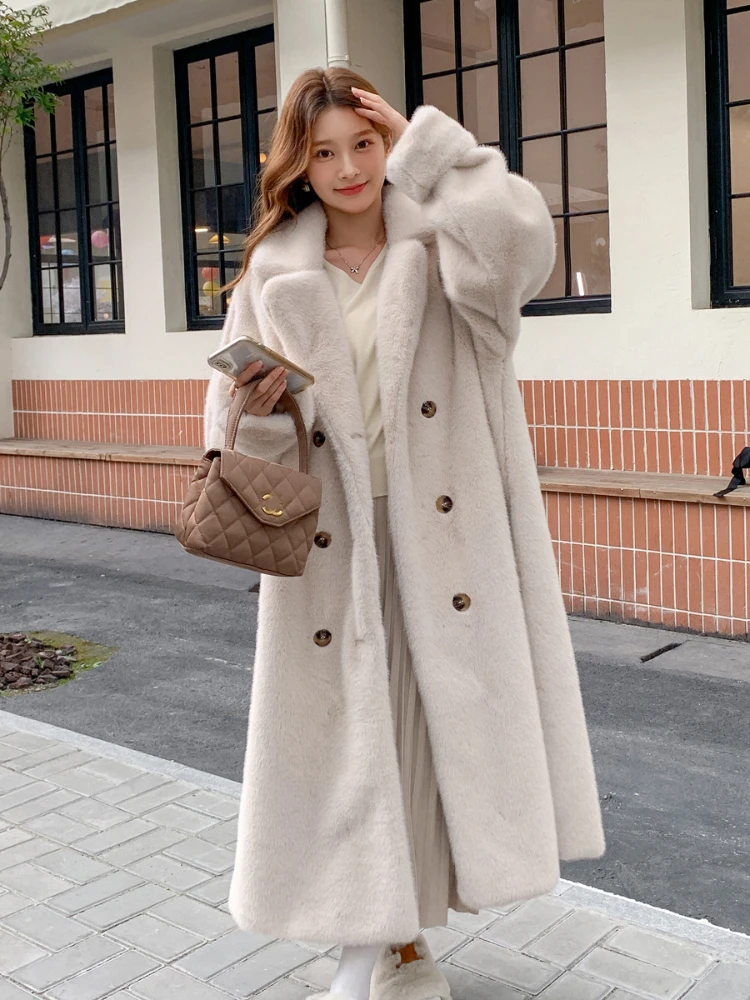 

Fashion Imitation Fur Women Suit Collar Fur Jacket Lengthened Mink Fur Coat Double-breasted Loose Winter Warm Plush Clothes for