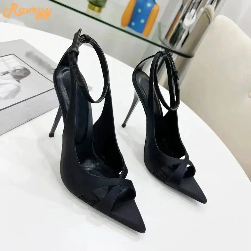 2024 New Satin Hollow Sandals Pointed Toe Stiletto Heel Shallow High Heels Ankle Strap Women Fashion Casual Black Purple Sandals