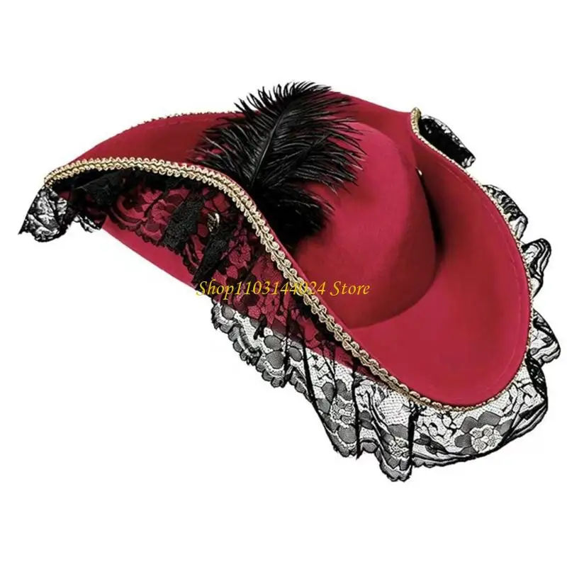 N5KE Pirate Hat With Artistic Lace Patterns Halloween Hat For Costume Enthusiasts