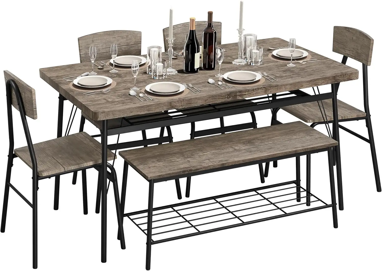 Dining Table Set for 6 Kitchen Table Set with Chairs and Bench 6 Piece Dining Set with 2 Storage Racks, Protective Foot Pads